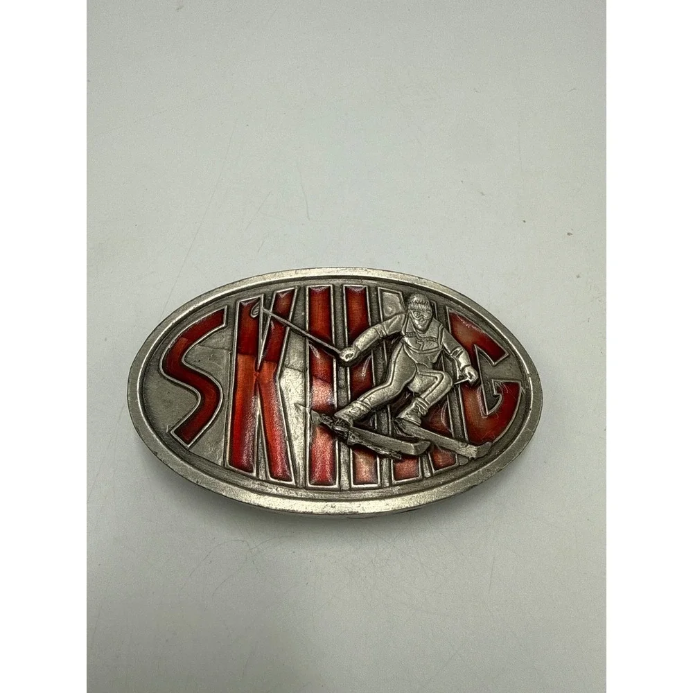 Vintage 1976 Bergamot Brass Works Skiing Belt Buckle Red Enamel Skier‎ I-85